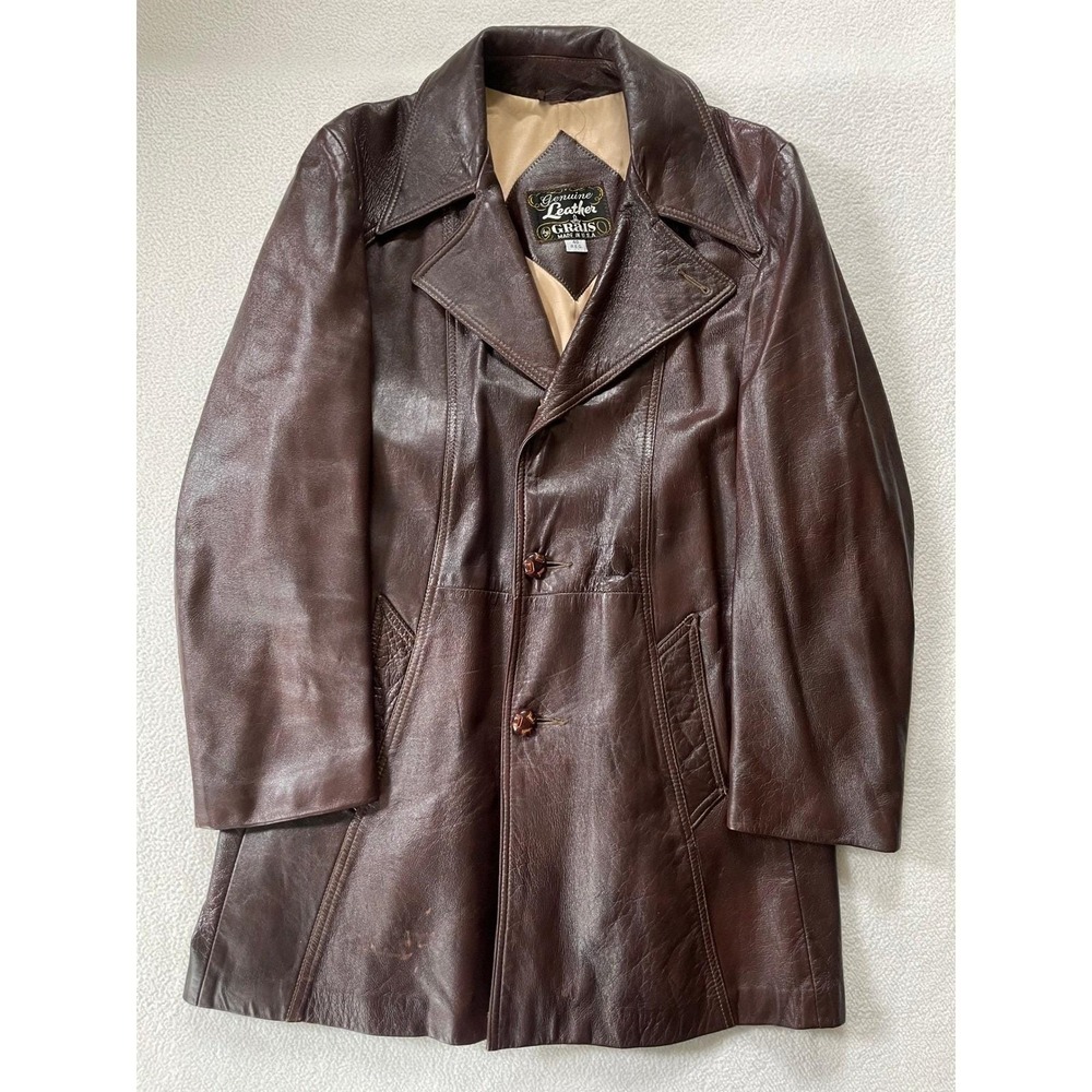 Grais Mens 40 Reg Leather Car Coat Brown Vintage 70s Made in USA Mid Length